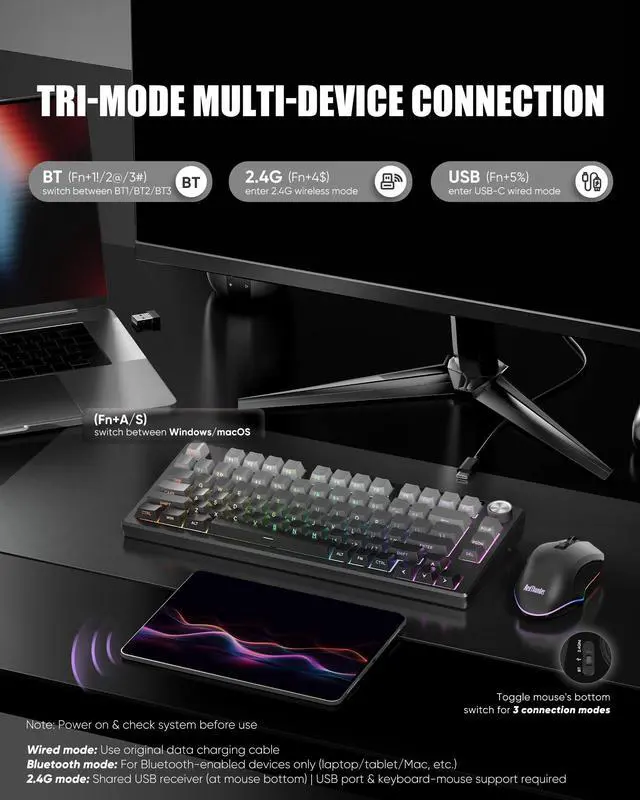 Alt view image 3 of 5 - RedThunder K75 Wireless Membrane Keyboard & Mouse Combo,75% Side-Engraved Keycaps,Optical Gaming Mouse with 4800DPI,3 Modes(BT/2.4G/Wired),Dual System,RGB Backlit,Rechargeable Battery,Gradient