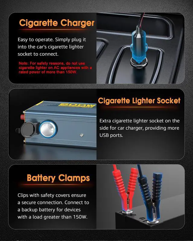Alt view image 4 of 5 - MWXNE 600W Car Power Inverter - 12V DC to 110V AC Converter with 1 Cigarette Lighter Outlet, Dual 30W USB-C, and Dual QC18W USB-A Fast Charging Ports Car Plug Adapter