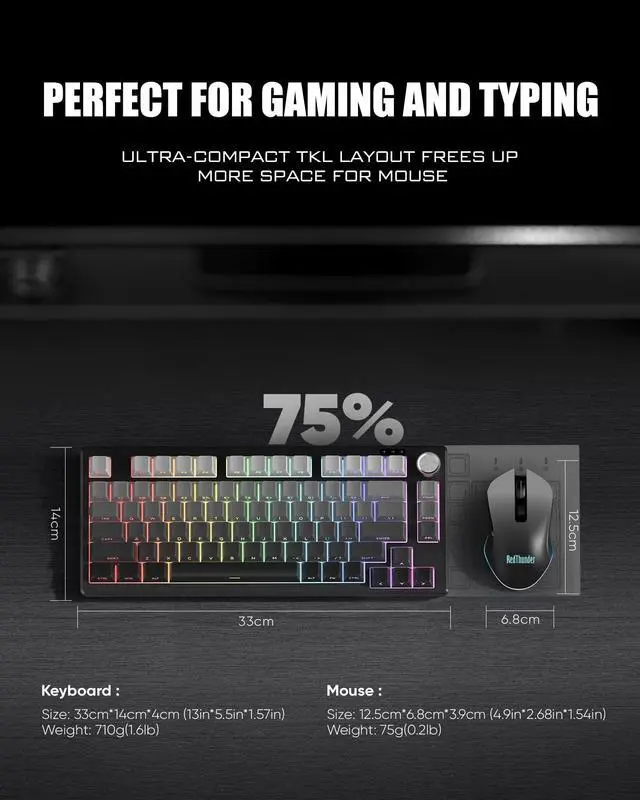 Alt view image 5 of 5 - RedThunder K75 Wireless Membrane Keyboard & Mouse Combo,75% Side-Engraved Keycaps,Optical Gaming Mouse with 4800DPI,3 Modes(BT/2.4G/Wired),Dual System,RGB Backlit,Rechargeable Battery,Gradient