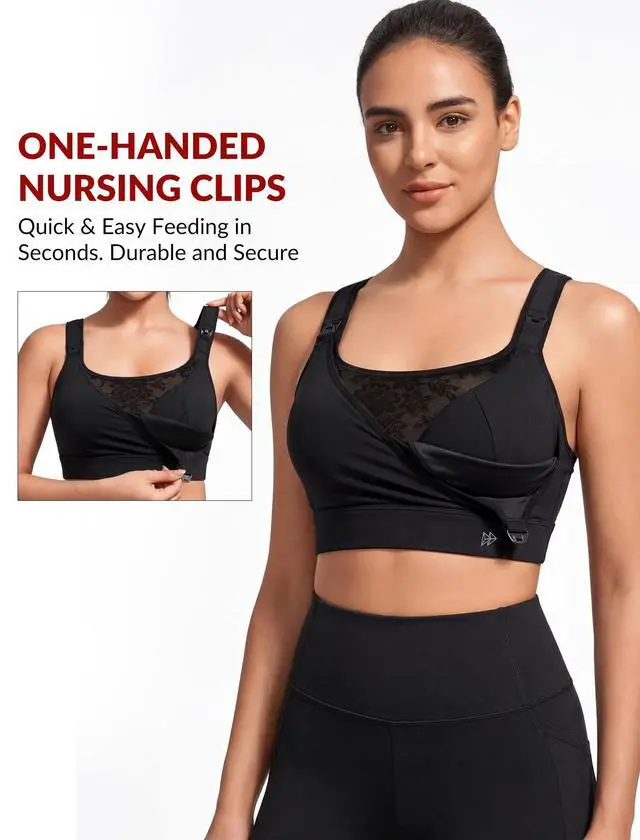 Alt view image 4 of 5 - Yvette Nursing Sports Bra for Women High Impact Support, Breastfeeding Running Bra for Workout Gym Yoga, One-Handed Nursing Clips & Adjustable Criss Cross Back, Padded Plus Size,Black,34A 34B 34C