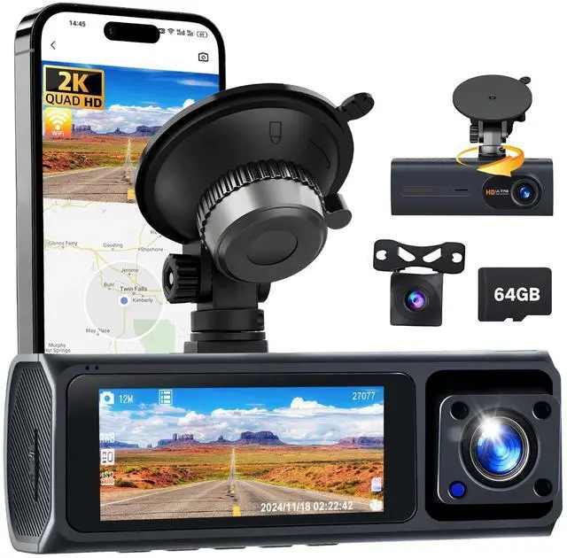 Main image of WiFi 2K Dash Cam Front and Rear Inside, Triple Dash Camera for Cars, 2.88 IPS Touchscreen Car Camera, App Control, Night Vision, 24H Parking Mode, G-Sensor,64GB SD Card