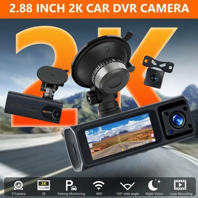 Alt view image 2 of 5 - WiFi 2K Dash Cam Front and Rear Inside, Triple Dash Camera for Cars, 2.88 IPS Touchscreen Car Camera, App Control, Night Vision, 24H Parking Mode, G-Sensor,64GB SD Card