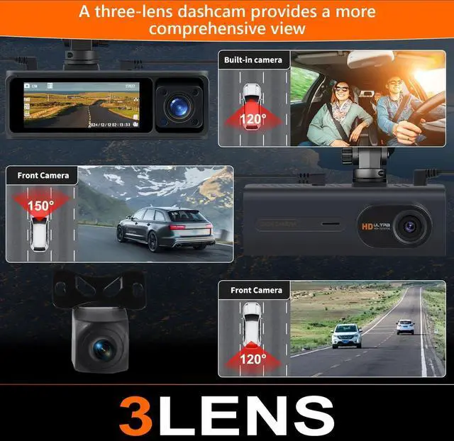 Alt view image 3 of 5 - WiFi 2K Dash Cam Front and Rear Inside, Triple Dash Camera for Cars, 2.88 IPS Touchscreen Car Camera, App Control, Night Vision, 24H Parking Mode, G-Sensor,64GB SD Card