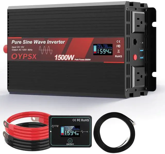 Main image of OYPSX 1500W Power Inverter 12V to 110V 120V AC Pure Sine Wave Inverter for RV Truck Camping,Outdoor Off-Grid Power Converter with LCD Display,Wired Controller,AC Outlets USB Ports (12V-1500Watt)