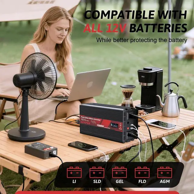 Alt view image 2 of 5 - OYPSX 1500W Power Inverter 12V to 110V 120V AC Pure Sine Wave Inverter for RV Truck Camping,Outdoor Off-Grid Power Converter with LCD Display,Wired Controller,AC Outlets USB Ports (12V-1500Watt)