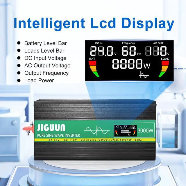 Alt view image 2 of 5 - JIGUUN 3000 Watt Pure Sine Wave Power Inverter 24v DC to 110/120v AC Inverter 3 AC & USB Output, Car Converter with LCD Display for Home RV Camping Emergency (3000w-24v)