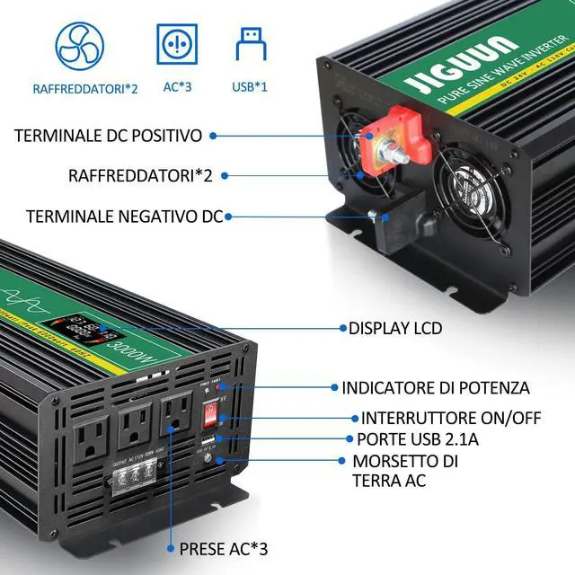 Alt view image 3 of 5 - JIGUUN 3000 Watt Pure Sine Wave Power Inverter 24v DC to 110/120v AC Inverter 3 AC & USB Output, Car Converter with LCD Display for Home RV Camping Emergency (3000w-24v)
