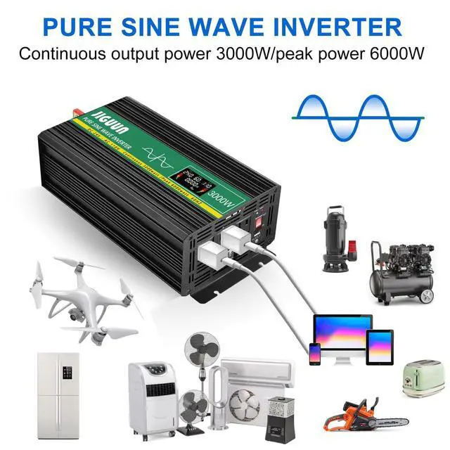 Alt view image 4 of 5 - JIGUUN 3000 Watt Pure Sine Wave Power Inverter 24v DC to 110/120v AC Inverter 3 AC & USB Output, Car Converter with LCD Display for Home RV Camping Emergency (3000w-24v)