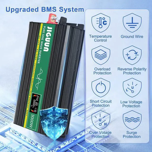 Alt view image 5 of 5 - JIGUUN 3000 Watt Pure Sine Wave Power Inverter 24v DC to 110/120v AC Inverter 3 AC & USB Output, Car Converter with LCD Display for Home RV Camping Emergency (3000w-24v)