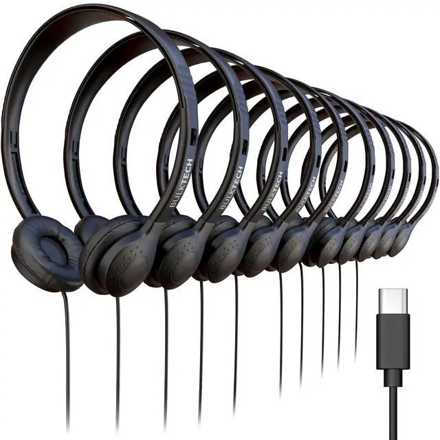 Main image of 10 Pack Bulk Wired Headphones, Leather, USB-C, On-Ear, Compatible with Phone, Tablet, Laptop, PC for School, Online Class, Meeting, Web Conference, Practice, Test, Black