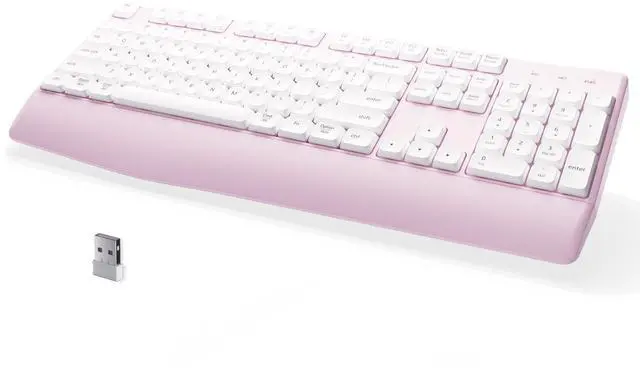 Main image of MPTOG Bluetooth Computer Wireless Retro Keyboard with Wrist Rest, Colorful Round Keys, Battery Powered Wireless Keyboard (Pink White)