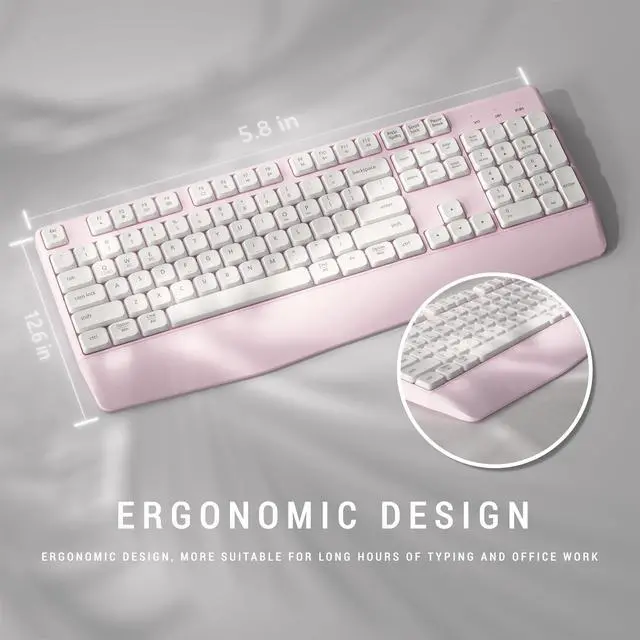 Alt view image 4 of 5 - MPTOG Bluetooth Computer Wireless Retro Keyboard with Wrist Rest, Colorful Round Keys, Battery Powered Wireless Keyboard (Pink White)
