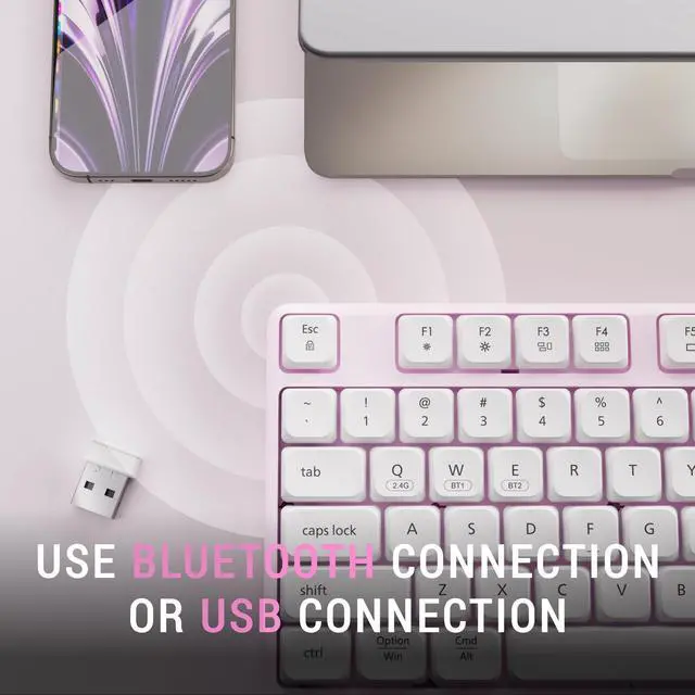 Alt view image 3 of 5 - MPTOG Bluetooth Computer Wireless Retro Keyboard with Wrist Rest, Colorful Round Keys, Battery Powered Wireless Keyboard (Pink White)