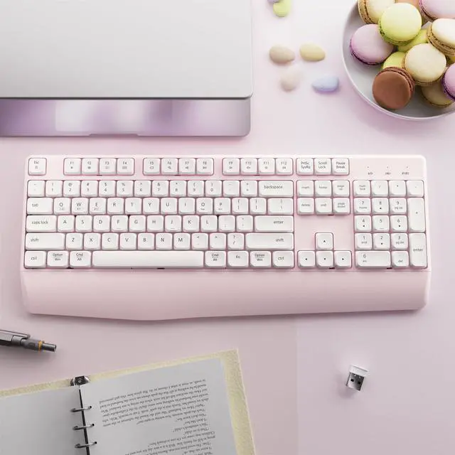 Alt view image 2 of 5 - MPTOG Bluetooth Computer Wireless Retro Keyboard with Wrist Rest, Colorful Round Keys, Battery Powered Wireless Keyboard (Pink White)