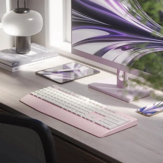 Alt view image 5 of 5 - MPTOG Bluetooth Computer Wireless Retro Keyboard with Wrist Rest, Colorful Round Keys, Battery Powered Wireless Keyboard (Pink White)