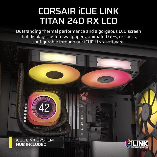 Alt view image 2 of 5 - CORSAIR iCUE Link Titan 240 RX LCD Liquid CPU Cooler 240mm AIO Low-Noise FlowDrive Cooling Engine Intel LGA 1851/1700, AMD AM5/AM4 2X RX120 RGB Fans iCUE Link System Hub Included Bl