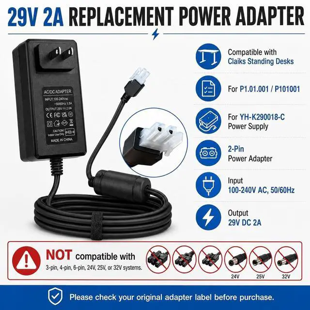 Alt view image 2 of 5 - MSMJSFA 29V 2A Standing Desk Power Cord, 2-Pin Power Supply Adapter Compatible with Claiks P1.01.001/P101001 40/48/55/63 Inch Electric Desk, YH-K290018-C Charger Replacement