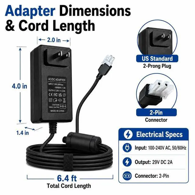 Alt view image 3 of 5 - MSMJSFA 29V 2A Standing Desk Power Cord, 2-Pin Power Supply Adapter Compatible with Claiks P1.01.001/P101001 40/48/55/63 Inch Electric Desk, YH-K290018-C Charger Replacement