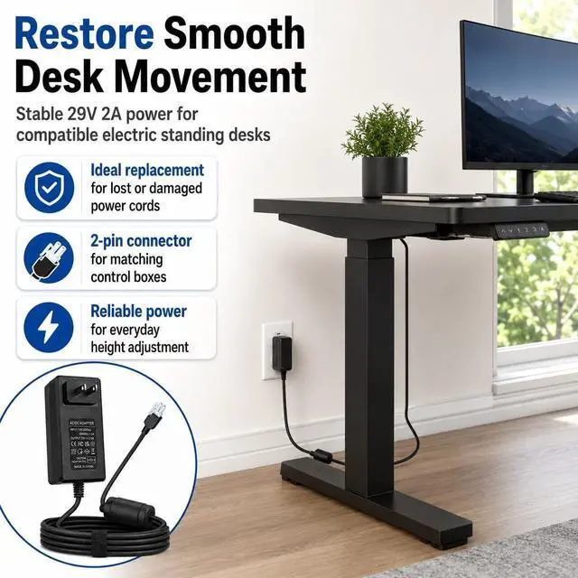 Alt view image 4 of 5 - MSMJSFA 29V 2A Standing Desk Power Cord, 2-Pin Power Supply Adapter Compatible with Claiks P1.01.001/P101001 40/48/55/63 Inch Electric Desk, YH-K290018-C Charger Replacement