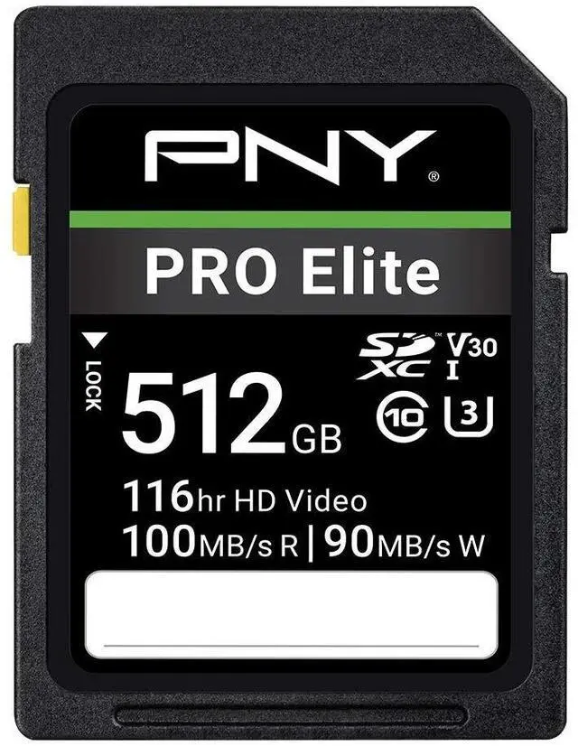 Main image of PNY 512GB PRO Elite Class 10 U3 V30 SDXC Flash Memory Card - 100MB/s, Class 10, U3, V30, 4K UHD, Full HD, UHS-I, Full Size SD