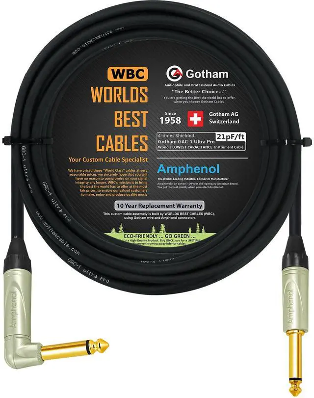 Main image of 30 Foot - Gotham GAC-1 Ultra Pro (Black) - Premium, Low-Capacitance (21 pf/F) Guitar Bass Instrument Cable - Amphenol QM2R-AU & QM2P-AU Inch (6.35mm) Gold TS Connectors