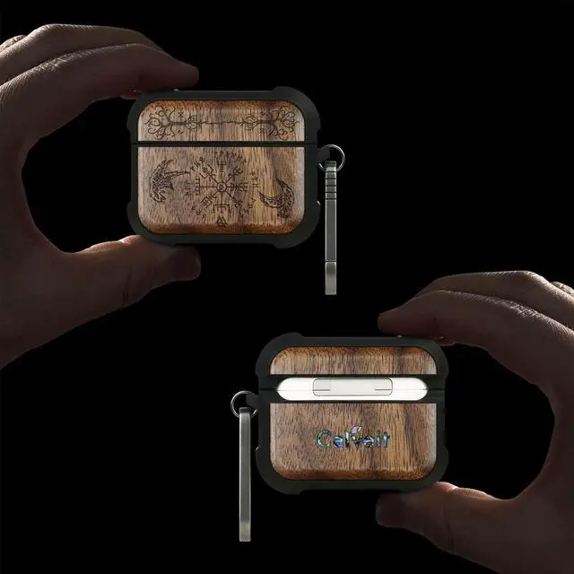 Alt view image 2 of 5 - Carveit Wooden Case for AirPods Pro 3 Case (2025), Wood Artisan Engraved & TPU Shockproof Cover, Titanium Quick Released Clasp, Wireless Chargers Compatible (The Guiding Vegvisir) Wal