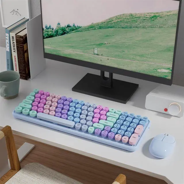 Alt view image 2 of 5 - MPTOG Retro Typewriter Wireless Keyboard and Mouse Combo, Colorful Round Floating Keycaps, 100-Key Full-Size Aesthetic Desktop Set with Power Switch for PC, Mac (Purple)