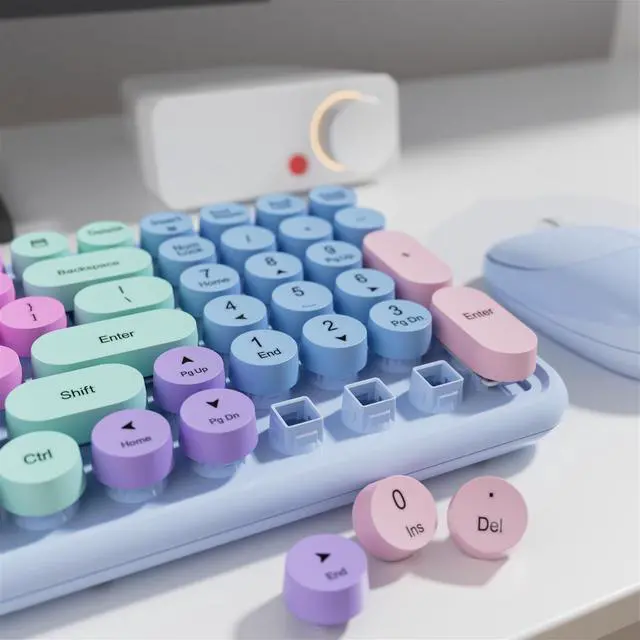 Alt view image 4 of 5 - MPTOG Retro Typewriter Wireless Keyboard and Mouse Combo, Colorful Round Floating Keycaps, 100-Key Full-Size Aesthetic Desktop Set with Power Switch for PC, Mac (Purple)