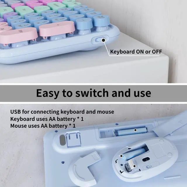 Alt view image 5 of 5 - MPTOG Retro Typewriter Wireless Keyboard and Mouse Combo, Colorful Round Floating Keycaps, 100-Key Full-Size Aesthetic Desktop Set with Power Switch for PC, Mac (Purple)