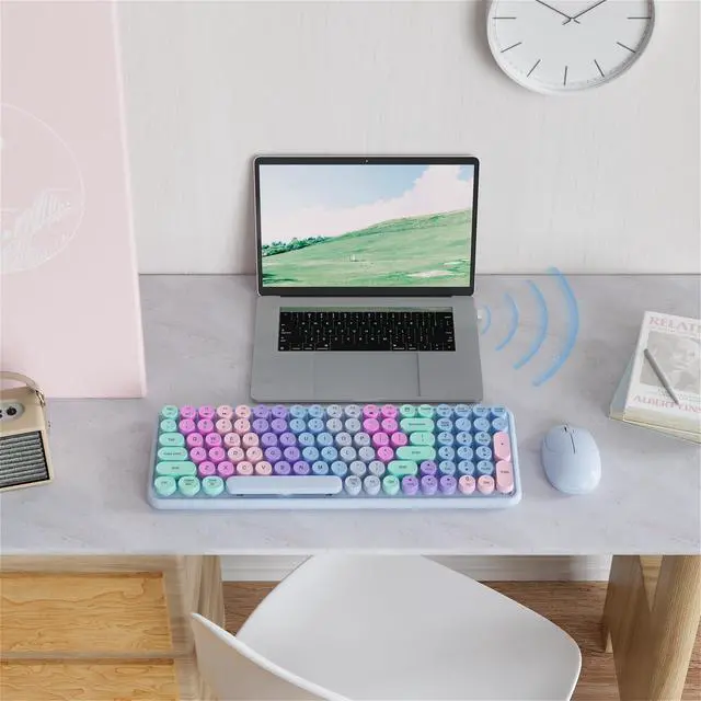 Alt view image 3 of 5 - MPTOG Retro Typewriter Wireless Keyboard and Mouse Combo, Colorful Round Floating Keycaps, 100-Key Full-Size Aesthetic Desktop Set with Power Switch for PC, Mac (Purple)