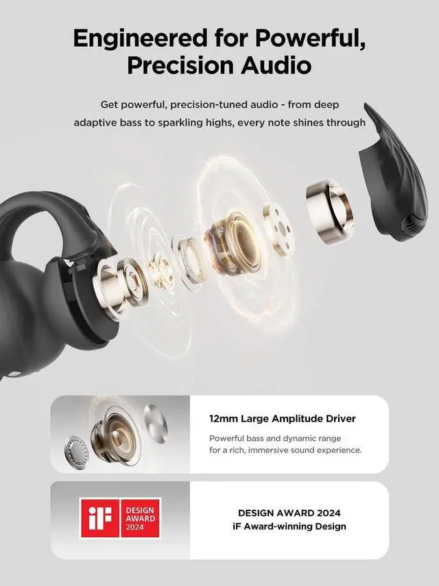 Alt view image 2 of 5 - HAKII Open Ear Wireless Earbuds, Bluetooth 5.4 Ergonomic Clip on Bluetooth Earbuds with Stereo Sound/ENC, Touch Control Open Ear Headphones, IPX5 Waterproof Running Headphones for Sports, Fitne