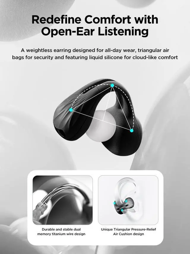 Alt view image 3 of 5 - HAKII Open Ear Wireless Earbuds, Bluetooth 5.4 Ergonomic Clip on Bluetooth Earbuds with Stereo Sound/ENC, Touch Control Open Ear Headphones, IPX5 Waterproof Running Headphones for Sports, Fitne