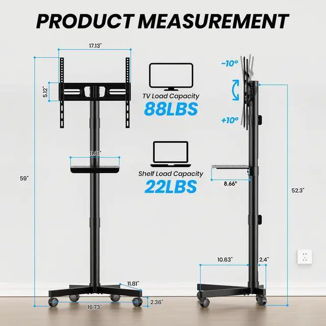 Alt view image 2 of 5 - Mobile TV Cart for 23-60 Inch LCD LED OLED Flat Curved Screen TVs - Height Adjustable Rolling Floor Stand with Shelf and Locking Wheels - Up to 88lbs, Max VESA 400x400mm, Black