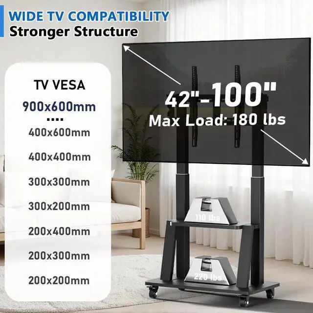 Alt view image 2 of 5 - Duiliuu Mobile TV Cart Rolling TV Stand for 42 to 55 65 70 75 85 86 90 100 inch Television Heavy Duty Portable TV Stand on Wheels, Height Adjustment, Holds Up to 180 LBS, Vesa 200200-900600mm