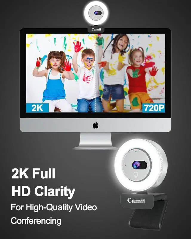 Alt view image 2 of 5 - Camii 2K Webcam with Light, HD Webcam for PC with Built-in Privacy Cover, Adjustable Brightness, Noise Reduction Mics, for Zoom Skype Teams Laptop and Google Meet