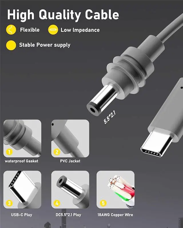Alt view image 3 of 5 - RAINSUNG Waterproof Starlink Mini USB C to DC Power Cable Cord, Work with PD USB-C 20V 5A 100W or More Fast Charger/Power Bank/Car Charger or Other PD Source 18AWG (5m Length)