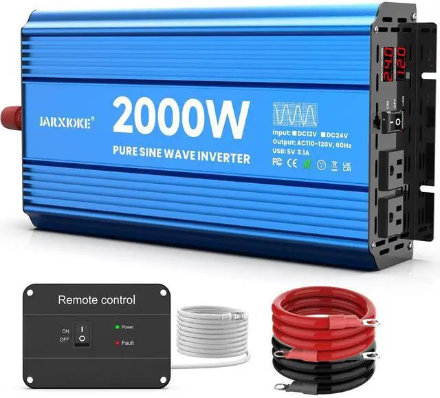 Main image of JARXIOKE 2000 Watt Pure Sine Wave Power Inverter, 24V dc to 110 Vdc to 120 Vdc, for Home, RV and Off-Grid Solar Systems, with 2 AC Outlets and USB Port, LCD Display, with Remote Control
