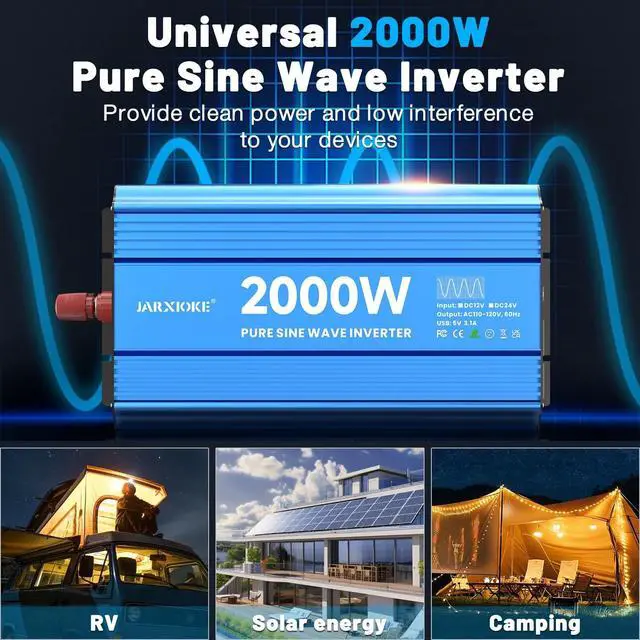 Alt view image 2 of 5 - JARXIOKE 2000 Watt Pure Sine Wave Power Inverter, 24V dc to 110 Vdc to 120 Vdc, for Home, RV and Off-Grid Solar Systems, with 2 AC Outlets and USB Port, LCD Display, with Remote Control