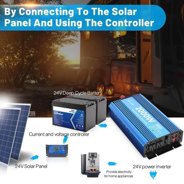Alt view image 4 of 5 - JARXIOKE 2000 Watt Pure Sine Wave Power Inverter, 24V dc to 110 Vdc to 120 Vdc, for Home, RV and Off-Grid Solar Systems, with 2 AC Outlets and USB Port, LCD Display, with Remote Control
