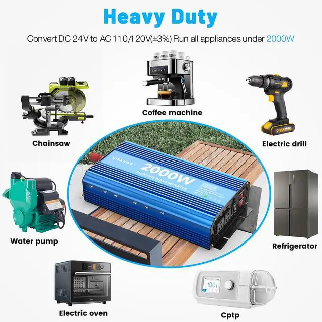 Alt view image 5 of 5 - JARXIOKE 2000 Watt Pure Sine Wave Power Inverter, 24V dc to 110 Vdc to 120 Vdc, for Home, RV and Off-Grid Solar Systems, with 2 AC Outlets and USB Port, LCD Display, with Remote Control