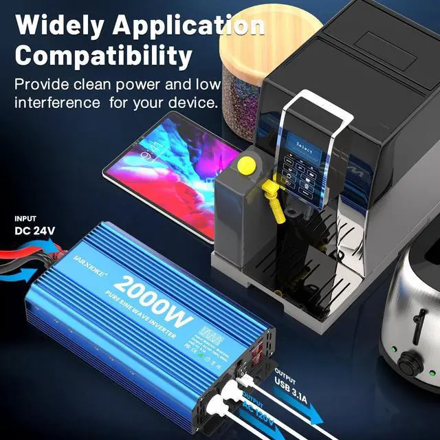 Alt view image 3 of 5 - JARXIOKE 2000 Watt Pure Sine Wave Power Inverter, 24V dc to 110 Vdc to 120 Vdc, for Home, RV and Off-Grid Solar Systems, with 2 AC Outlets and USB Port, LCD Display, with Remote Control