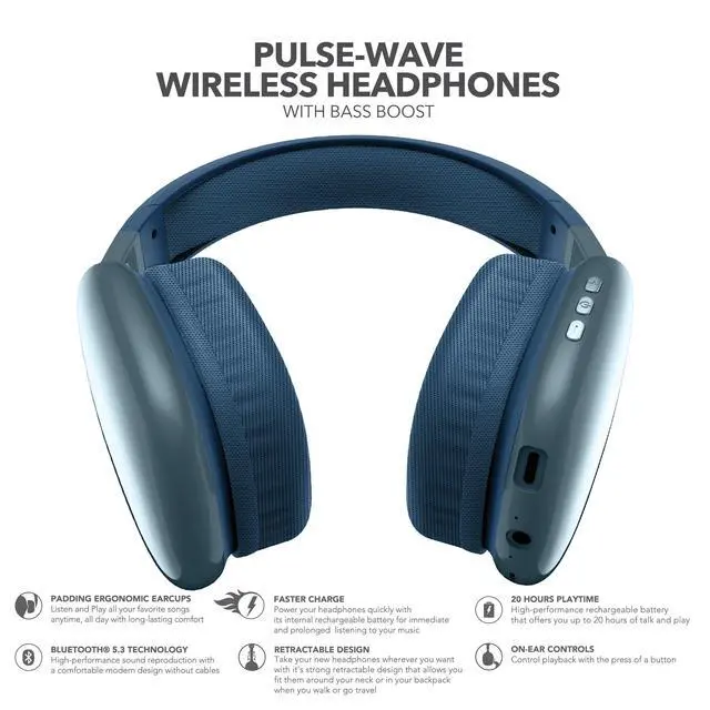 Alt view image 3 of 5 - RCA Wave-56 Wireless Headphones, 40H Battery, Hi-Res Audio, Enhanced Bass, Noise Cancelling, Transparency Mode, Lightweight Over-Ear Bluetooth Headphones with Comfort Fit, Travel-Friendly (Navy