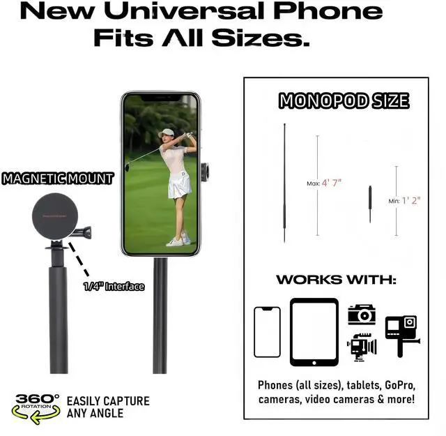 Alt view image 2 of 5 - Golf Monopod Stick, Record Golf Swing with Magnetic Phone Holder, Adjustable Tripod with Spike Stake Golf Accessories Golf Swing Training, Compatible with Gopro Insta, Golf Train Aids