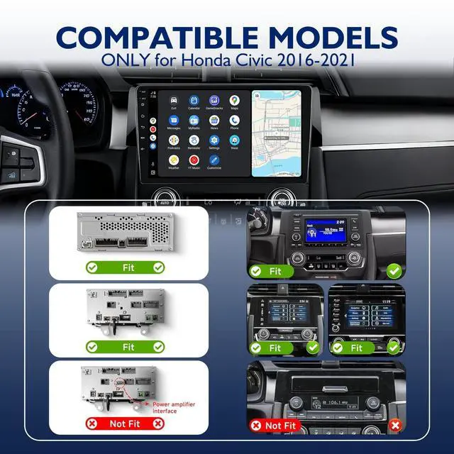 Alt view image 2 of 5 - 8 Core 6+64G Car Radio for Honda Civic 2016 2017 2018 2019 2020 2021 with Wireless CarPlay Android Auto, 9" Ultra-HD Touchscreen Upgraded Civic 2016-2021 Stereo with SWC, AM/FM/RDS, 1080P Camer