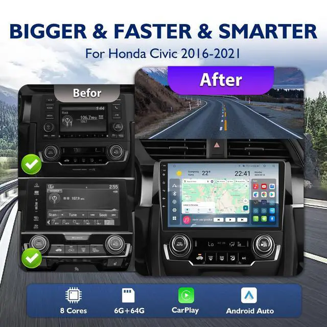 Alt view image 4 of 5 - 8 Core 6+64G Car Radio for Honda Civic 2016 2017 2018 2019 2020 2021 with Wireless CarPlay Android Auto, 9" Ultra-HD Touchscreen Upgraded Civic 2016-2021 Stereo with SWC, AM/FM/RDS, 1080P Camer