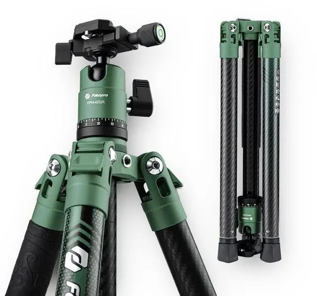 Main image of Fotopro Carbon Fiber Tripod 60 Inch 360 Degree Ball Head Quick Release Plate Lightweight Camera Tripod for Travel Tripod Folded Height Only 14.3", Max Loads up to 22lbs, X-Aircross 3 Green