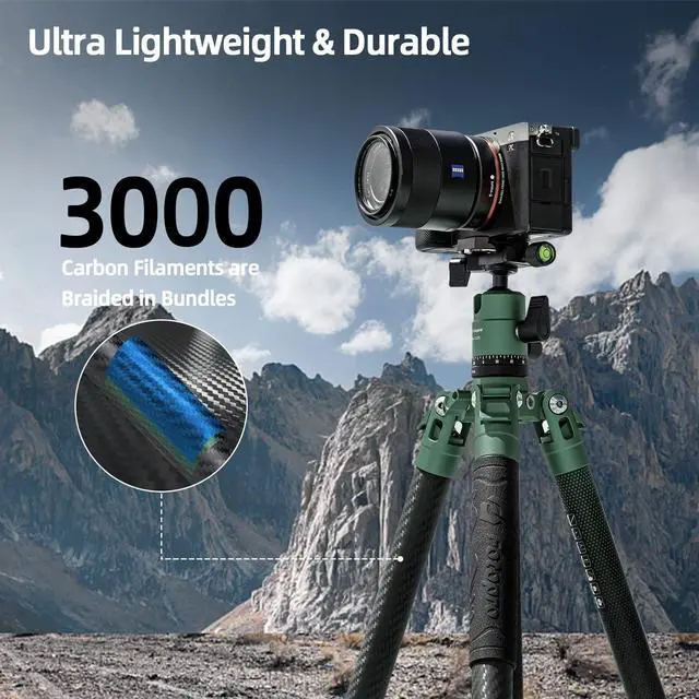 Alt view image 2 of 5 - Fotopro Carbon Fiber Tripod 60 Inch 360 Degree Ball Head Quick Release Plate Lightweight Camera Tripod for Travel Tripod Folded Height Only 14.3", Max Loads up to 22lbs, X-Aircross 3 Green