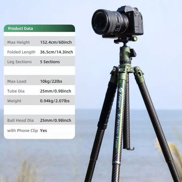 Alt view image 5 of 5 - Fotopro Carbon Fiber Tripod 60 Inch 360 Degree Ball Head Quick Release Plate Lightweight Camera Tripod for Travel Tripod Folded Height Only 14.3", Max Loads up to 22lbs, X-Aircross 3 Green