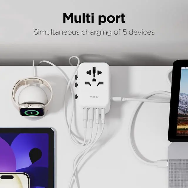 Alt view image 2 of 5 - mooas Universal Travel Adapter, International Power Plug Adapter with 2 USB-C and 2 USB-A Ports, PD30W, 2500W All-in-One Worldwide Wall Charger for USA EU UK AUS (White)
