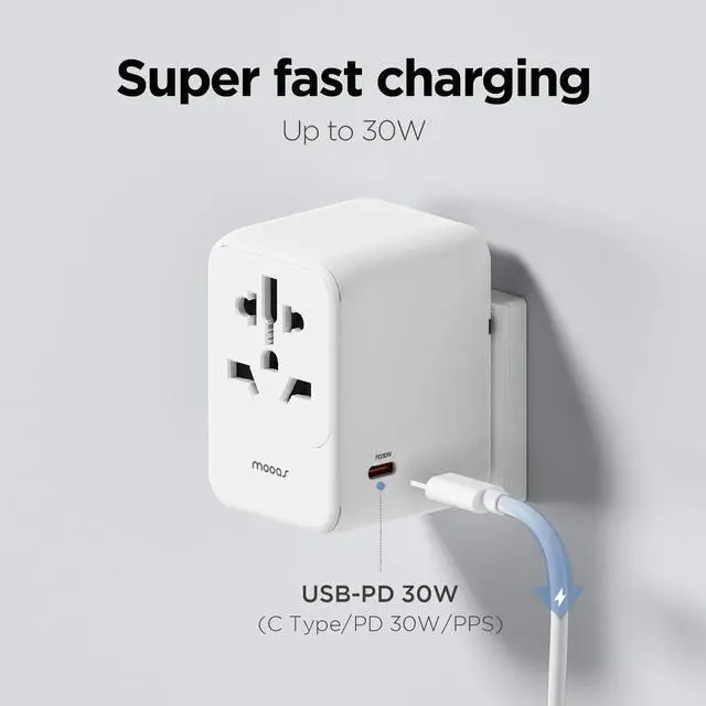 Alt view image 3 of 5 - mooas Universal Travel Adapter, International Power Plug Adapter with 2 USB-C and 2 USB-A Ports, PD30W, 2500W All-in-One Worldwide Wall Charger for USA EU UK AUS (White)